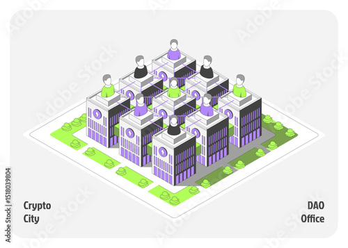 Cartoon Color DAO Office Building Architecture Crypto City Concept 3d Isometric View Line Elements. Vector illustration of Decentralized Autonomous Organization