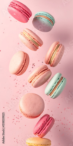 Wallpaper Mural Floating Pastel Macarons on Pink Background Torontodigital.ca
