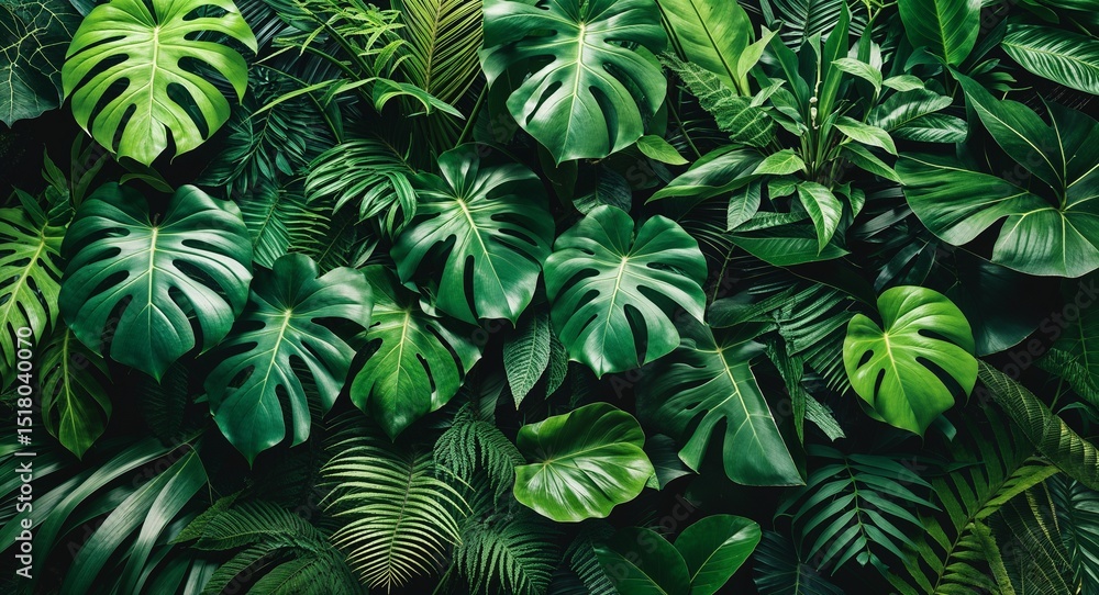 Dense Arrangement of Vibrant Tropical Plants with Monstera, Palm, and Fern Leaves Dense Arrangement of Vibrant Tropical Plants with Monstera, Palm, and Fern Leaves