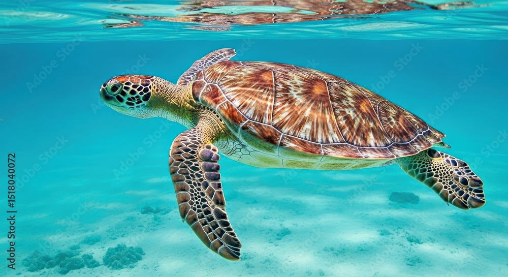 Fototapeta premium Vibrant Sea Turtle Swimming Ocean Colorful Fish Underwater Paradise Scene