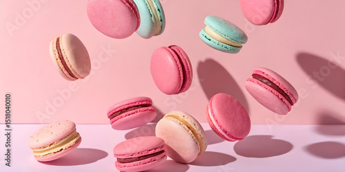 Wallpaper Mural Floating Pastel Macarons on Pink Background Torontodigital.ca