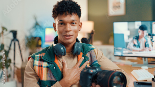 Canvas-taulu Influencer, content creator and portrait of man with camera for tech review, feedback or vlog