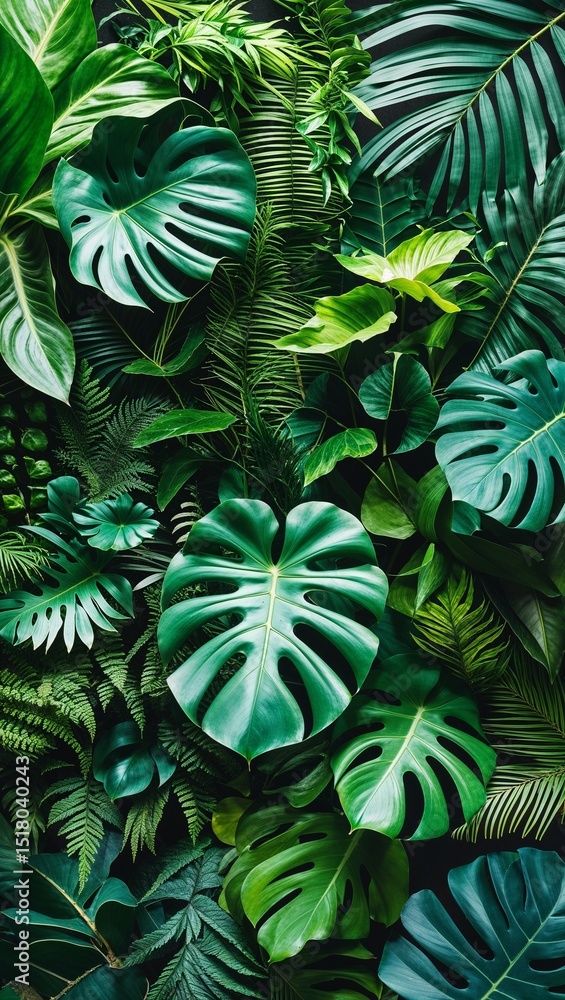 Dense Arrangement of Vibrant Tropical Plants with Monstera, Palm, and Fern Leaves Dense Arrangement of Vibrant Tropical Plants with Monstera, Palm, and Fern Leaves