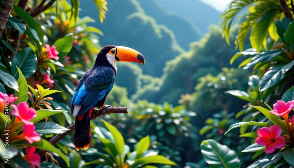 Fototapeta premium a vibrant tropical setting with a macaw perched on a branch amidst lush greenery. the parrot is in full plumage, displaying its distinctive colors and patterns