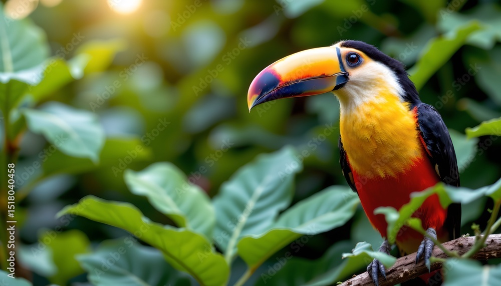 Fototapeta premium a vibrant tropical parrot perched on a branch in what appears to be a lush, verdant environment. the parrot stands out against the backdrop with its bright plumage and contrasting red beak