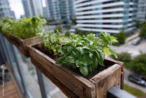 This charming balcony herb garden showcases vibrant basil and other plants thriving in wooden planters against a city skyline backdrop, promoting urban gardening.