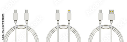 Schilderij op canvas Set of white usb, type c, type c lightning and micro usb charge cable on isolated background