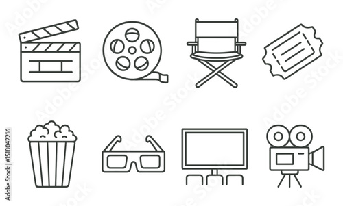 Film industry icon set. cinema, linear camera, clapperboard, screen, ticket vector icons.