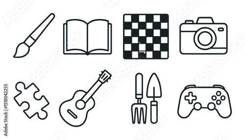 Hobby icon set. Painting, book, camera, puzzle, guitar icons set