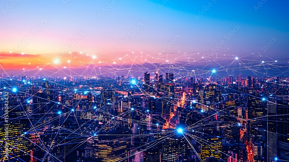 Fototapeta premium Vibrant Night Cityscape Aerial View