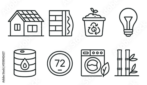 Eco-friendly icon set. sustainable, green, energy, house, lamp, recycling, linear vector icons.