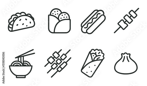 Street food icon set. silhouette snacks: taco, burrito, hotdog, skewer, noodles vector icons