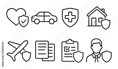 Insurance protection icon set. linear icons: heart, car, health, home, travel vector icons.