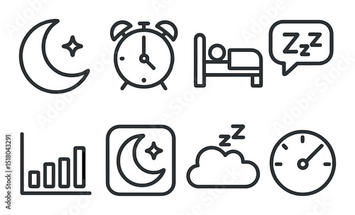Nighttime icon set: sleep, moon, alarm, bed, zzz, clock, cloud, linear vector icons