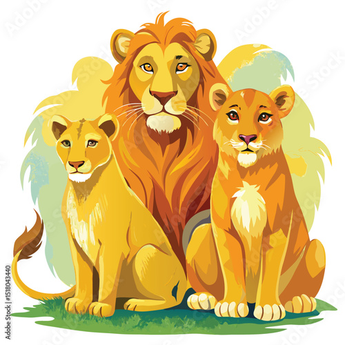 Artistic Lion Family Portrait Father, Daughter and Son Sitting on Grass Illustration