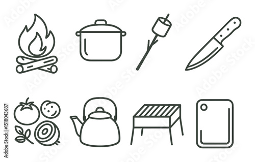 Camping cookware set: outdoor cooking linear icons. campfire, pot, marshmallow, knife, food, kettle, grill, cutting board vector icons.