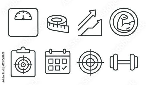 Fitness icon set. health, scale, tape, growth, muscle, target, calendar, weights vector icons.
