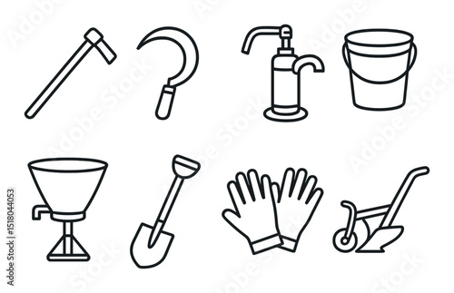 Gardening tools set. farm equipment silhouette. hoe, sickle, pump, bucket, gloves, vector icons.