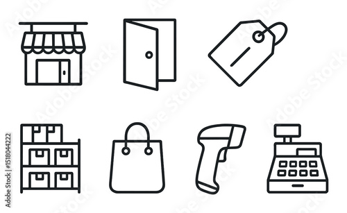 Retail shopping set. store, door, tag, inventory, bag, scanner, register silhouette vector icons.