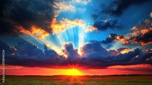 Breathtaking Sunrise Over Open Field with Vibrant Colors and Dramatic Cloud Formation Illuminating the Sky and Ground Below