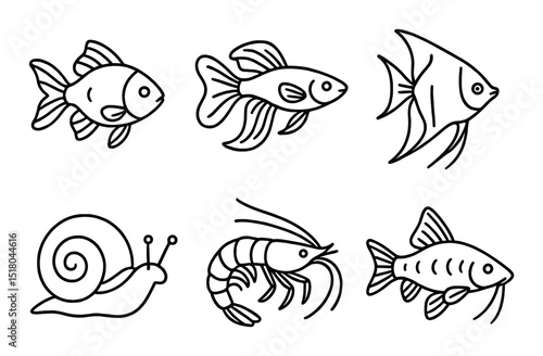 Aquarium fish set. aquatic life silhouette: fish, snail, shrimp, angelfish vector icons.
