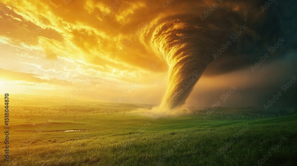 Dramatic Tornado Formation Over Vibrant Landscape at Sunset with Intense Clouds and Golden Light Illuminating the Sky and Ground Below Dramatic Tornado Formation Over Vibrant Landscape at Sunset with Intense Clouds and Golden Light Illuminating the Sky and Ground Below
