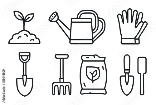 Gardening tools set. linear garden equipment: shovel, watering can, gloves, rake vector icons.