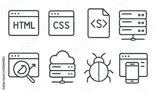 Web development icon set. coding, html, css, bug, server, responsive, linear vector icons.