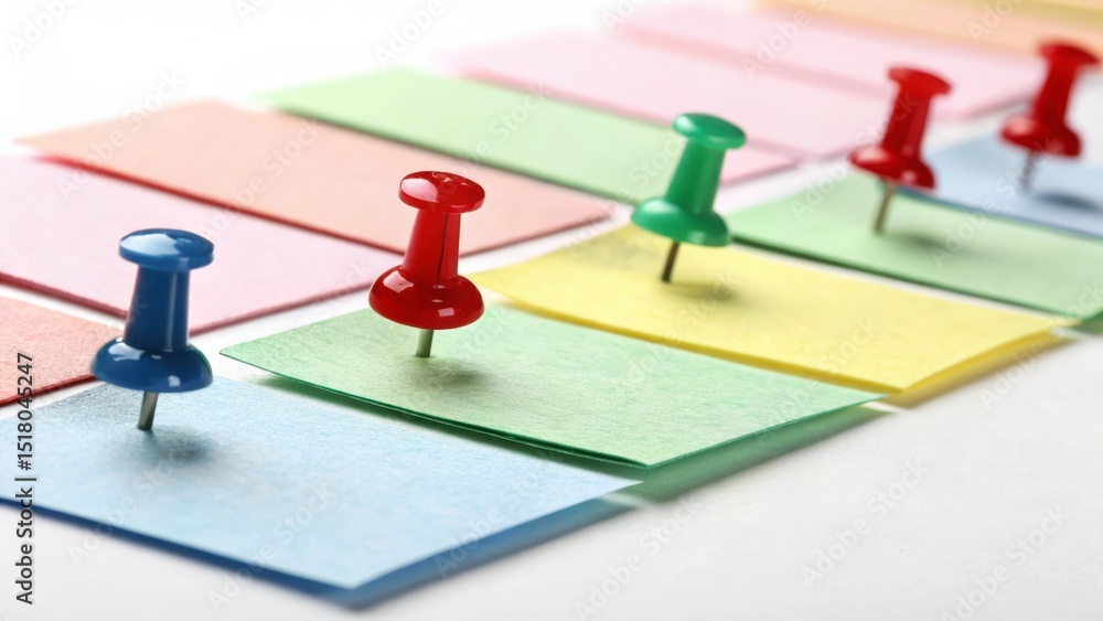Obraz premium Colorful push pins in various colors securing arranged sticky notes representing organization and planning concepts
