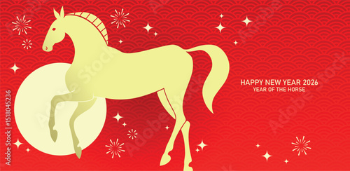 Zodiac horse banner with fireworks decorations. Chinese new year of the horse 2026, or lunar new year 2026 vector greeting card.