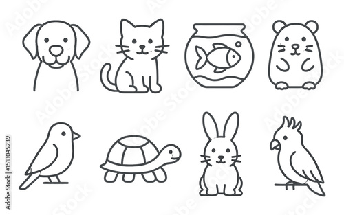 Pet animal set. cute domestic pets linear dog, cat, fish, hamster, bird vector icons.