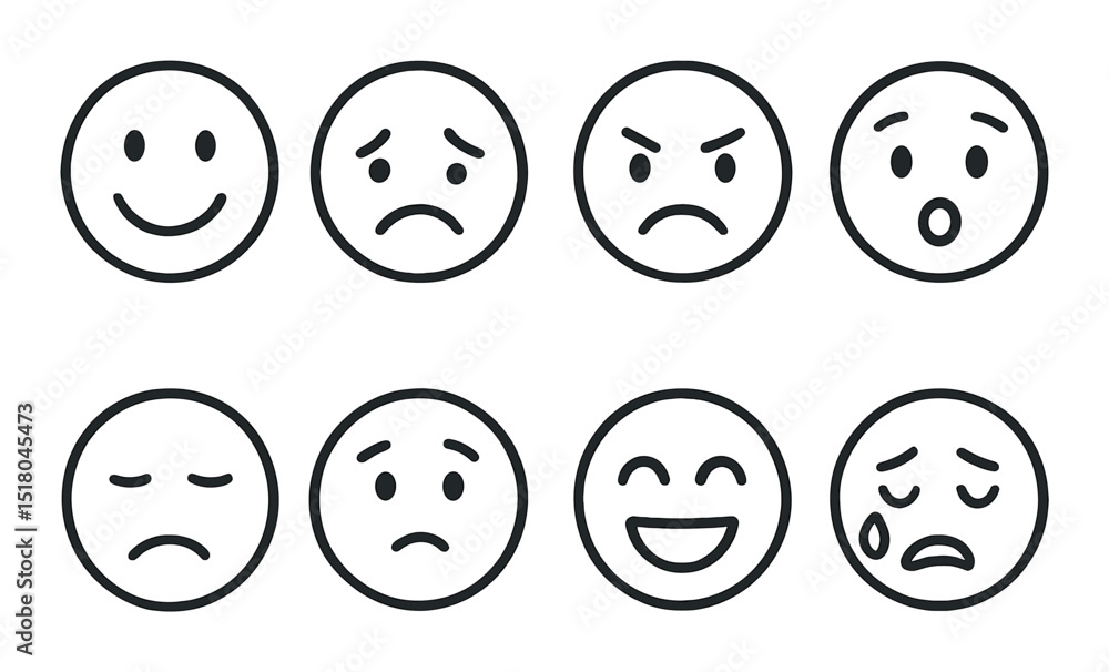 Emoticon set: linear mood faces. smile, frown, surprised, sad, happy vector icons. Emoticon set: linear mood faces. smile, frown, surprised, sad, happy vector icons.