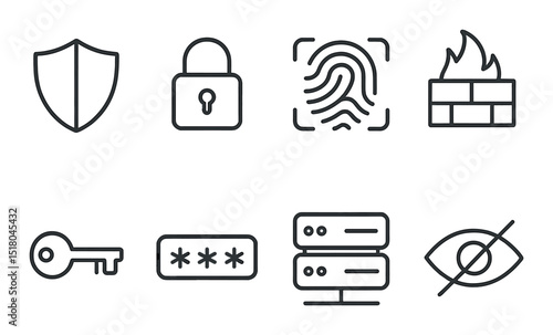 Security icon set. linear shield, lock, fingerprint, firewall, key, password vector icons.