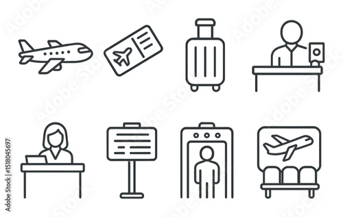 Airport icons set. travel, ticket, suitcase, security, flight, passport, flat vector icons.