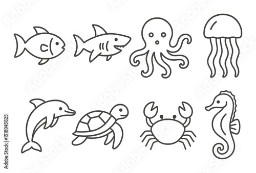 Sea creature set. marine life flat icons: fish, shark, octopus, dolphin, turtle vector icons.