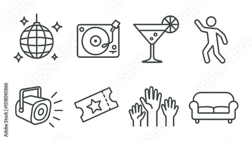 Party icon set. event celebration flat symbols: disco, music, dance, drink, ticket vector icons.