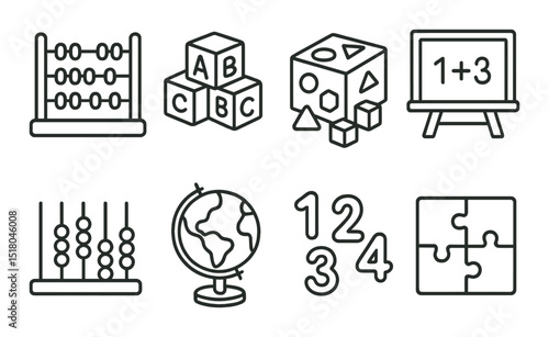 Education tools set. learning aids linear icons. abacus, puzzle, globe, numbers vector icons.