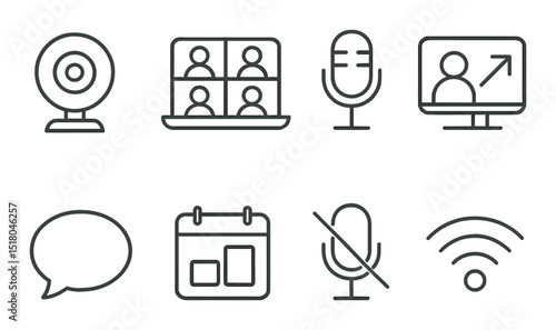 Video conference icon set. linear webcam, chat, microphone, calendar, wifi vector icons.