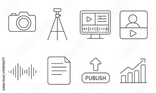 Media equipment set. video, audio, camera, tripod, document, publish flat vector icons.