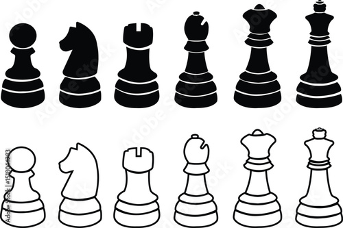 Chess piece flat, outline icon set. Smart board game element perfect for game enthusiasts, designer. Chessmen, queen, king, horse, rook, bishop, pawn vector. Part of chessboard game for hobbies, sport