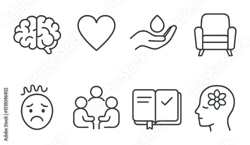 Mental health icons set: brain, heart, therapy, support, emotions, flat vector icons