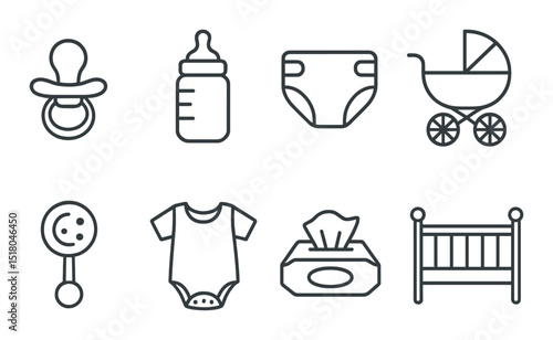 Baby essentials set. newborn care silhouette icons. pacifier, bottle, diaper, stroller, rattle, onesie, wipes, crib vector icons.