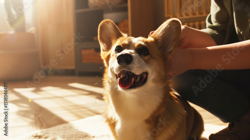 Happy Pembroke Welsh Corgi dog sitting on floor being lovingly petted by owner in cozy sunlit living room, warm natural light, affectionate bond, domestic joy.