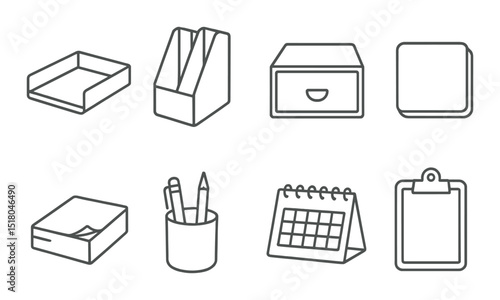Office supply set in linear style. organizer, tray, pen, calendar, clipboard vector icons