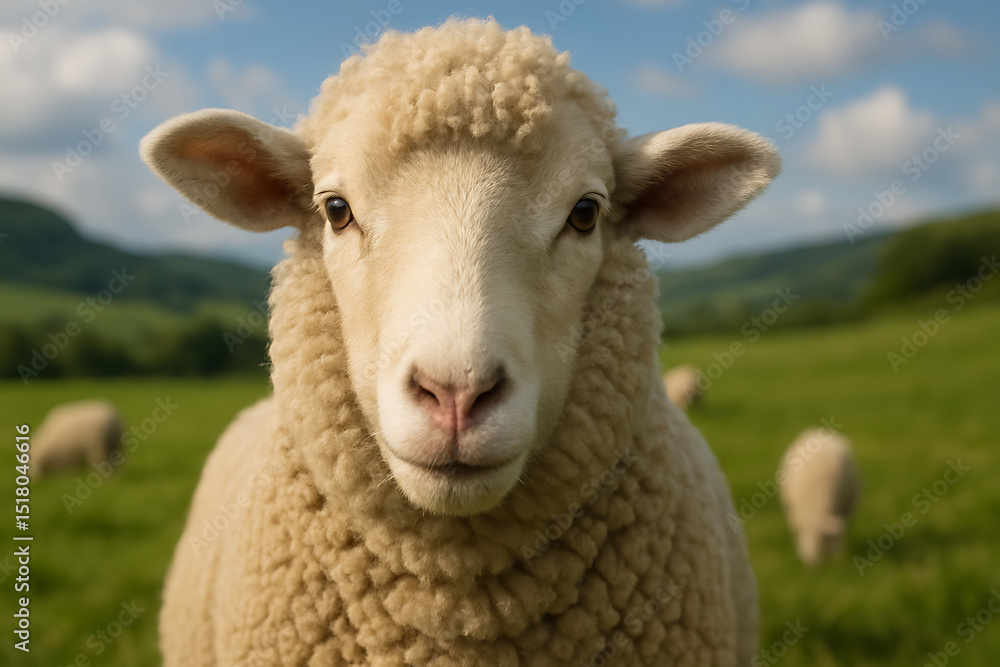 Obraz premium Sheep and lamb in a green field on a spring day