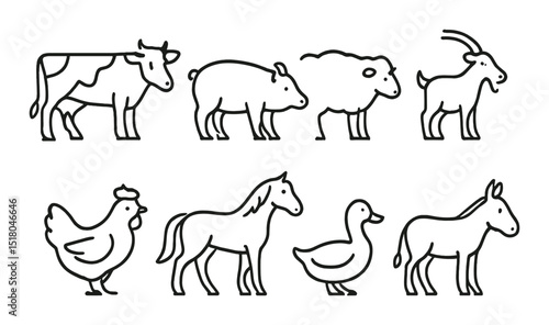 Farm animal set. livestock linear silhouettes. cow, sheep, goat, chicken, horse, duck vector icons.