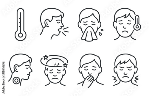 Illness symptom set. healthcare linear icons: thermometer, cough, sneeze, sore throat vector icons.