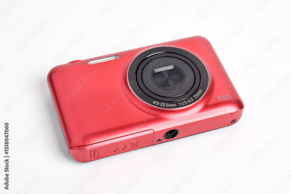 Fototapeta premium Red Digital Camera isolated on white background. Compact digital camera