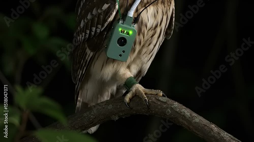Owl with a tracking device perched on a branch in a lush forest at night, showcasing wildlife monitoring