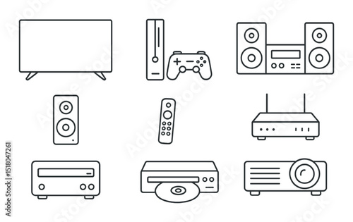 Home electronics set. audio, remote, speaker, console, router, projector silhouette vector icons